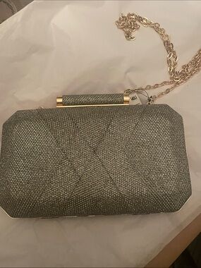 INC International Concepts Silver Metallic Quilted Clutch with Chain